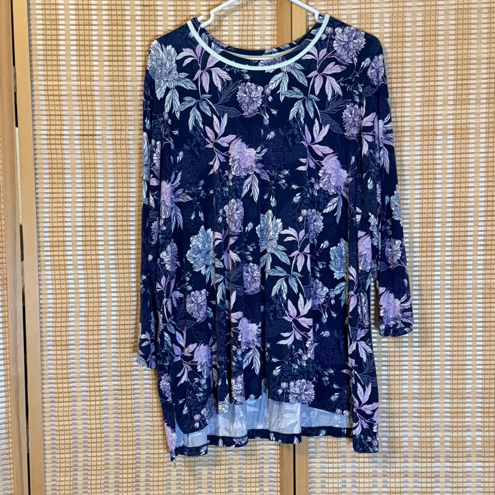LOGO Lori Goldstein Womens XL Navy Purple‎ Floral Tunic Swing Top Cottagecore